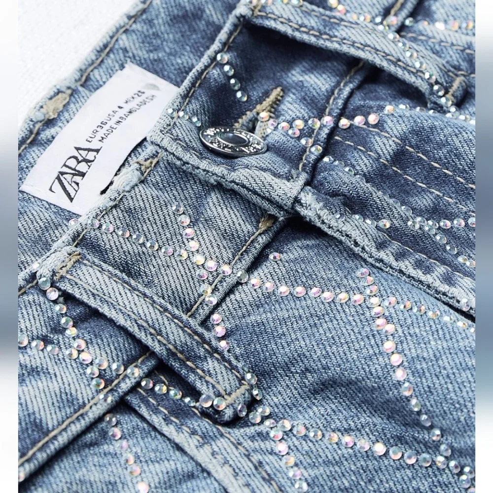 Zara RHINESTONE JEWEL STRAIGHT JEANS BLUE Size 2/26